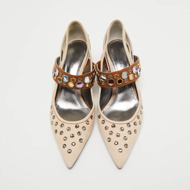 Pre Owned Bottega Veneta Beige/Brown Suede and Leather Studded Pumps Size 38.5