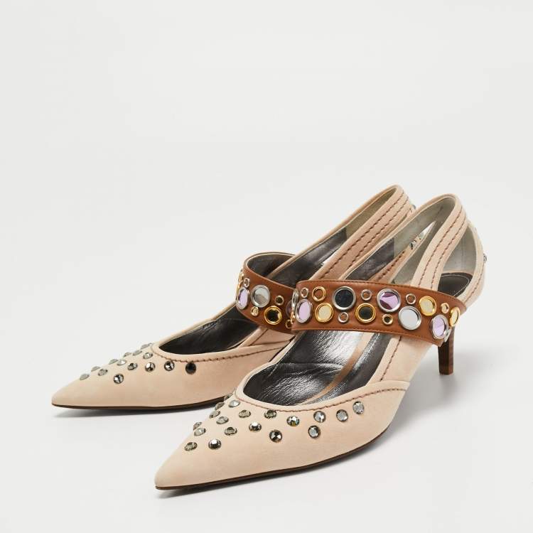 Pre Owned Bottega Veneta Beige/Brown Suede and Leather Studded Pumps Size 38.5
