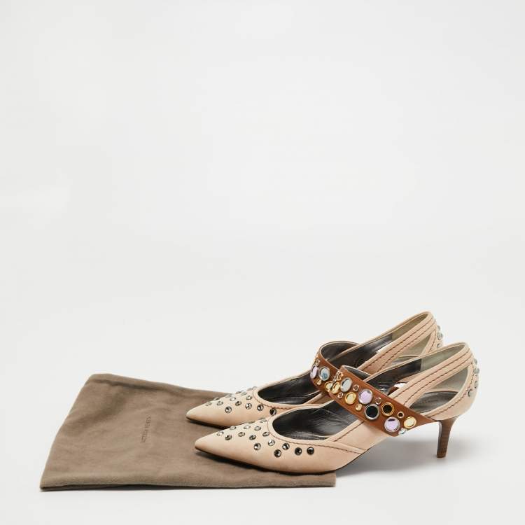 Pre Owned Bottega Veneta Beige/Brown Suede and Leather Studded Pumps Size 38.5