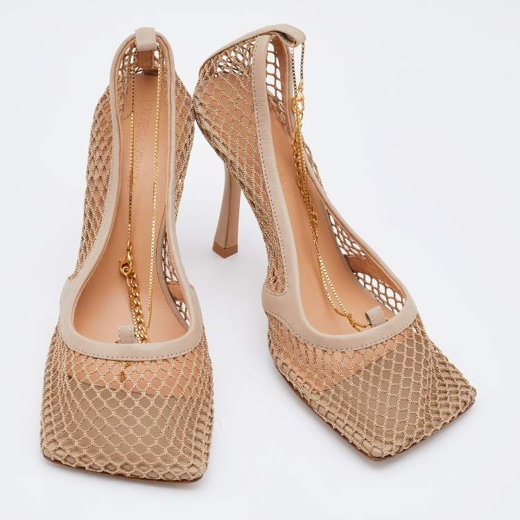 Pre Owned Bottega Veneta Beige Mesh and Leather Stretch Chain Ankle Strap Pumps Size 38