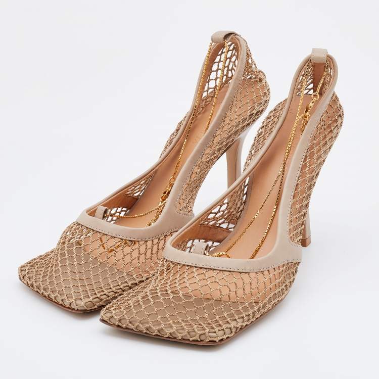 Pre Owned Bottega Veneta Beige Mesh and Leather Stretch Chain Ankle Strap Pumps Size 38