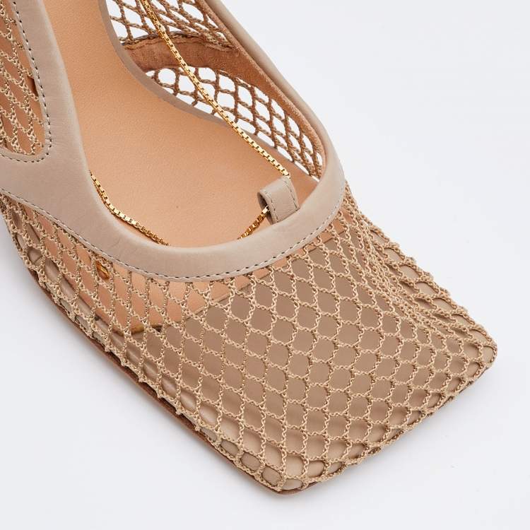 Pre Owned Bottega Veneta Beige Mesh and Leather Stretch Chain Ankle Strap Pumps Size 38