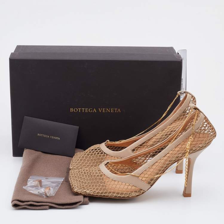 Pre Owned Bottega Veneta Beige Mesh and Leather Stretch Chain Ankle Strap Pumps Size 38