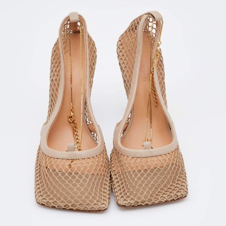 Pre Owned Bottega Veneta Beige Mesh and Leather Stretch Chain Ankle Strap Pumps Size 38