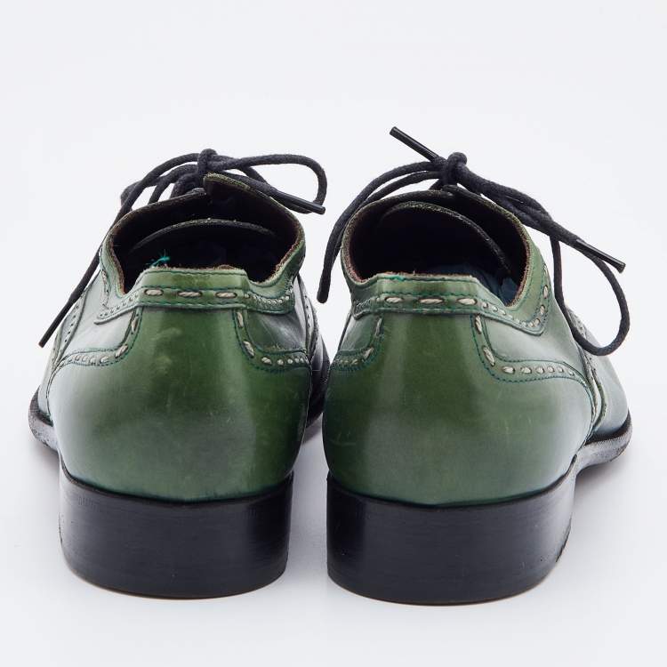 Pre Owned Bottega Veneta Green Brogue Leather Lace Up Oxfords Size 38.5