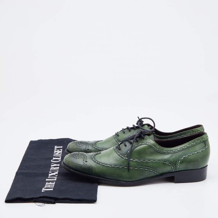 Pre Owned Bottega Veneta Green Brogue Leather Lace Up Oxfords Size 38.5