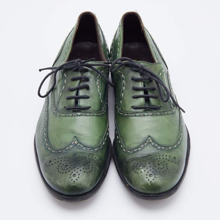 Pre Owned Bottega Veneta Green Brogue Leather Lace Up Oxfords Size 38.5