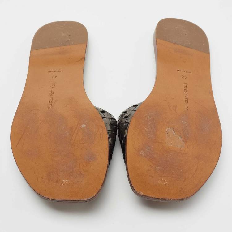 Pre Owned Bottega Veneta Metallic Intrecciato Leather Flat Slides Size 42