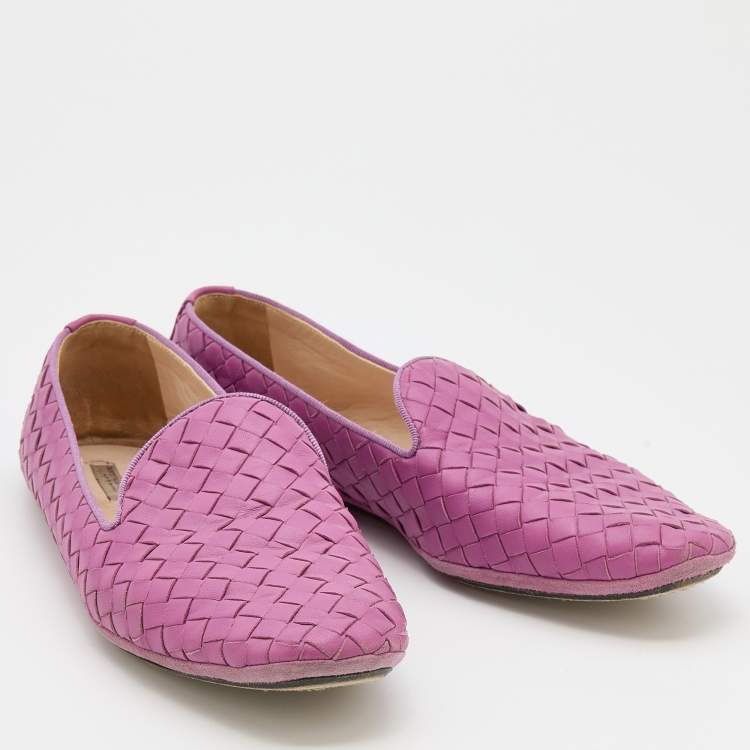 Pre Owned Bottega Veneta Pink Intrecciato Leather Smoking Slippers Size 37
