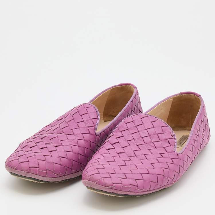 Pre Owned Bottega Veneta Pink Intrecciato Leather Smoking Slippers Size 37