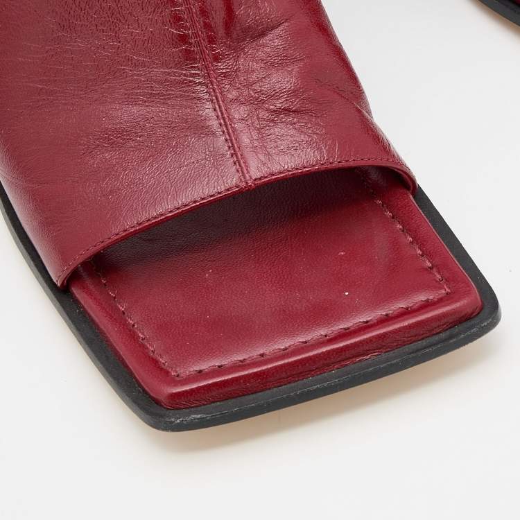 Pre Owned Bottega Veneta Burgundy Leather Stretch Square Toe Kitten Heel Mules Size 40