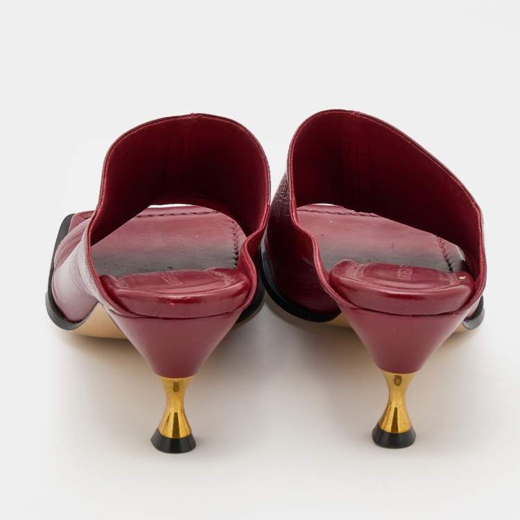Pre Owned Bottega Veneta Burgundy Leather Stretch Square Toe Kitten Heel Mules Size 40