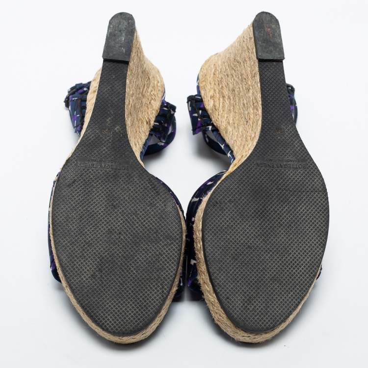 Pre Owned Bottega Veneta Blue Fabric Espadrille Wedge Sandals Size 38