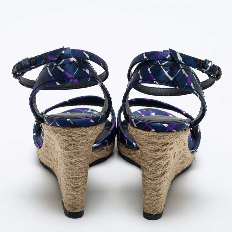 Pre Owned Bottega Veneta Blue Fabric Espadrille Wedge Sandals Size 38