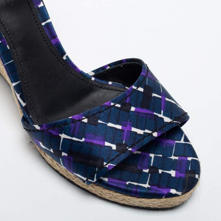 Pre Owned Bottega Veneta Blue Fabric Espadrille Wedge Sandals Size 38