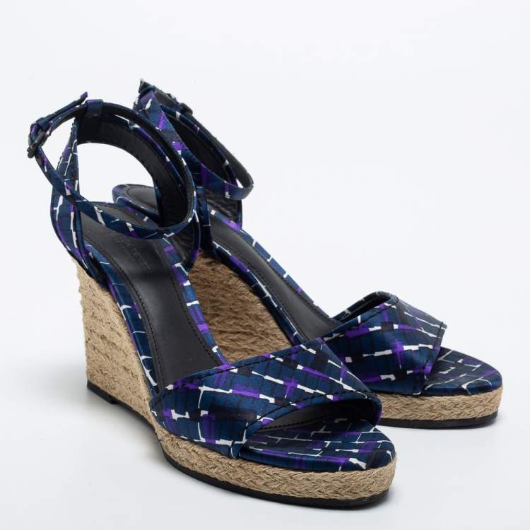 Pre Owned Bottega Veneta Blue Fabric Espadrille Wedge Sandals Size 38