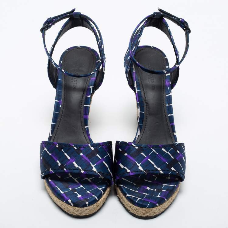 Pre Owned Bottega Veneta Blue Fabric Espadrille Wedge Sandals Size 38