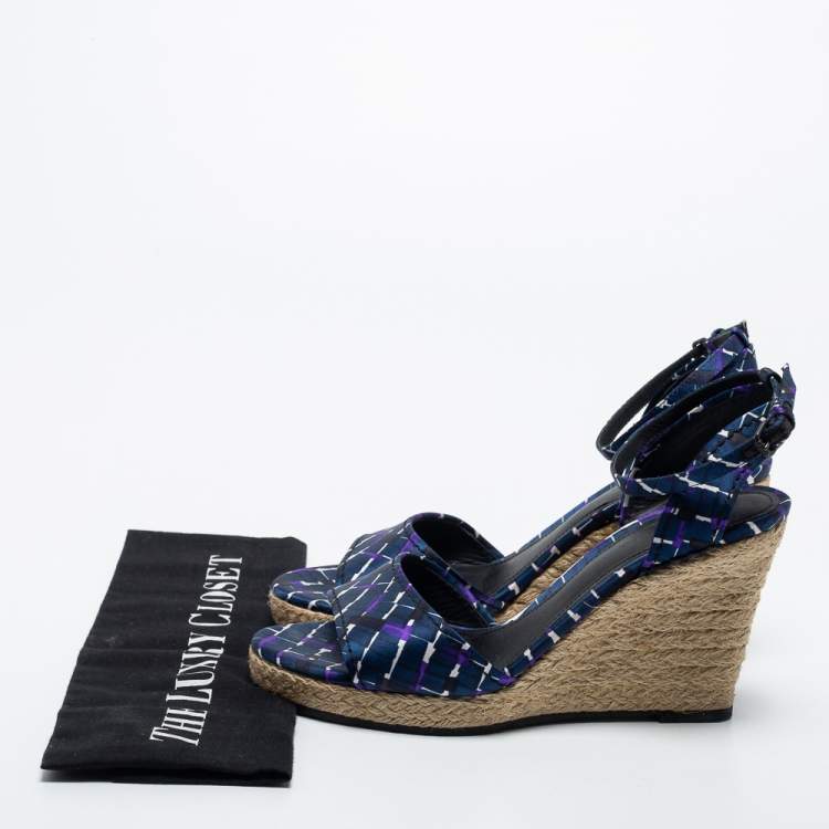 Pre Owned Bottega Veneta Blue Fabric Espadrille Wedge Sandals Size 38