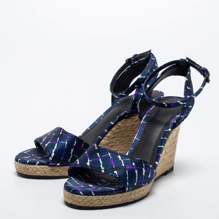 Pre Owned Bottega Veneta Blue Fabric Espadrille Wedge Sandals Size 38