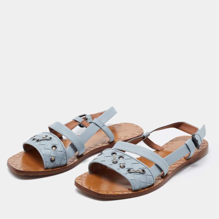 مملوكة مسبقًا Bottega Veneta Blue Intrecciato Leather Slingback Flats Size 36.5