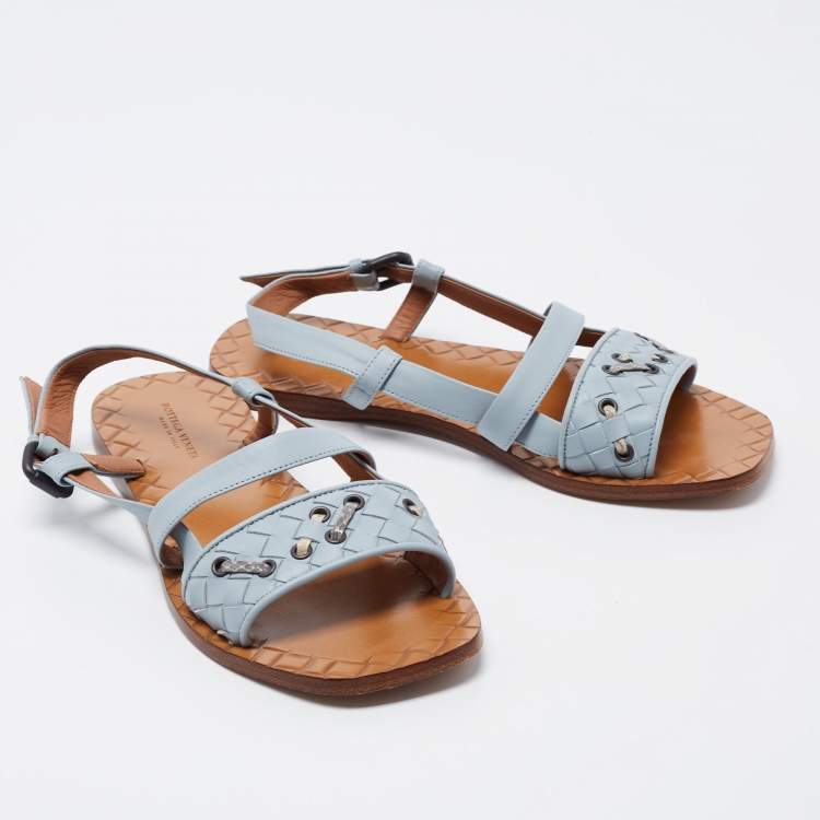مملوكة مسبقًا Bottega Veneta Blue Intrecciato Leather Slingback Flats Size 36.5