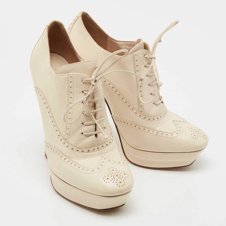 Pre Owned Bottega Veneta Cream Brogue Leather Oxford Platform Booties Size 39