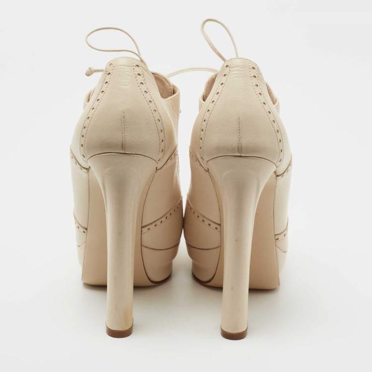 Pre Owned Bottega Veneta Cream Brogue Leather Oxford Platform Booties Size 39