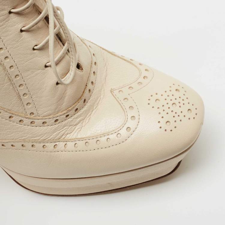 Pre Owned Bottega Veneta Cream Brogue Leather Oxford Platform Booties Size 39