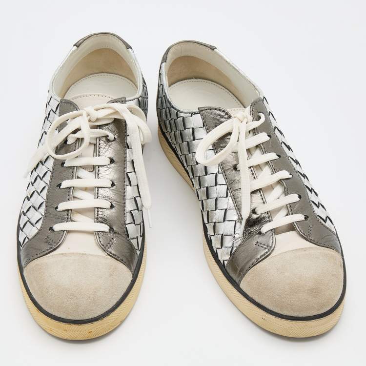 Pre Owned Bottega Veneta Multicolor Intrecciato Leather And Suede Cap Toe Low Top Sneakers Size 38