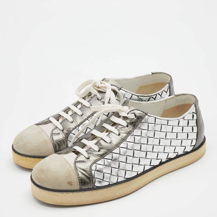 Pre Owned Bottega Veneta Multicolor Intrecciato Leather And Suede Cap Toe Low Top Sneakers Size 38