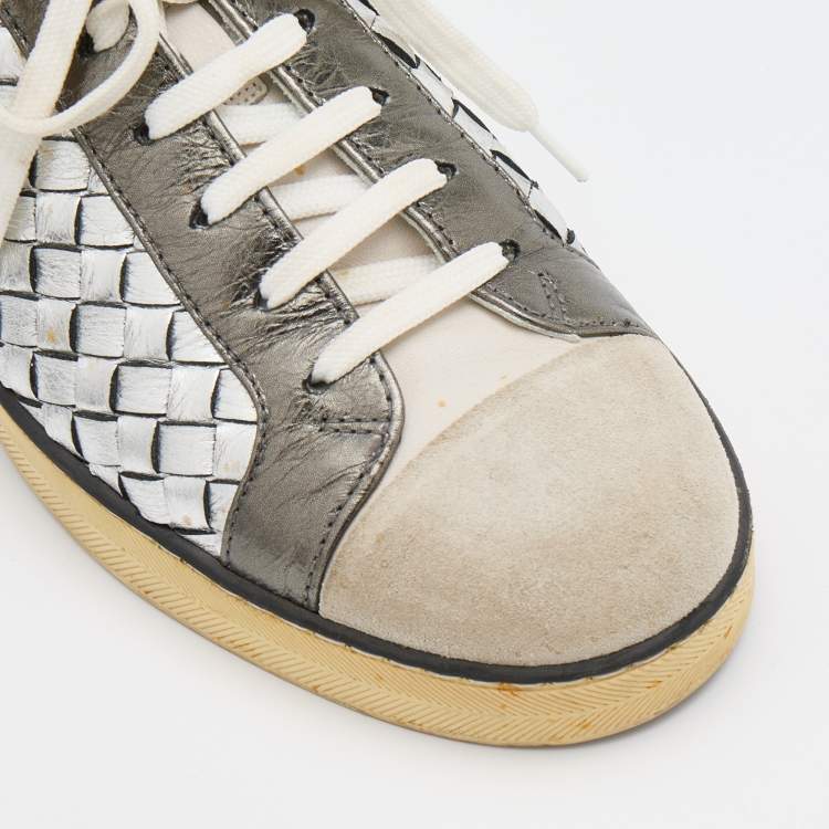 Pre Owned Bottega Veneta Multicolor Intrecciato Leather And Suede Cap Toe Low Top Sneakers Size 38