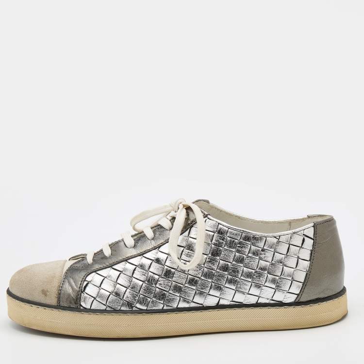 Pre Owned Bottega Veneta Multicolor Intrecciato Leather And Suede Cap Toe Low Top Sneakers Size 38