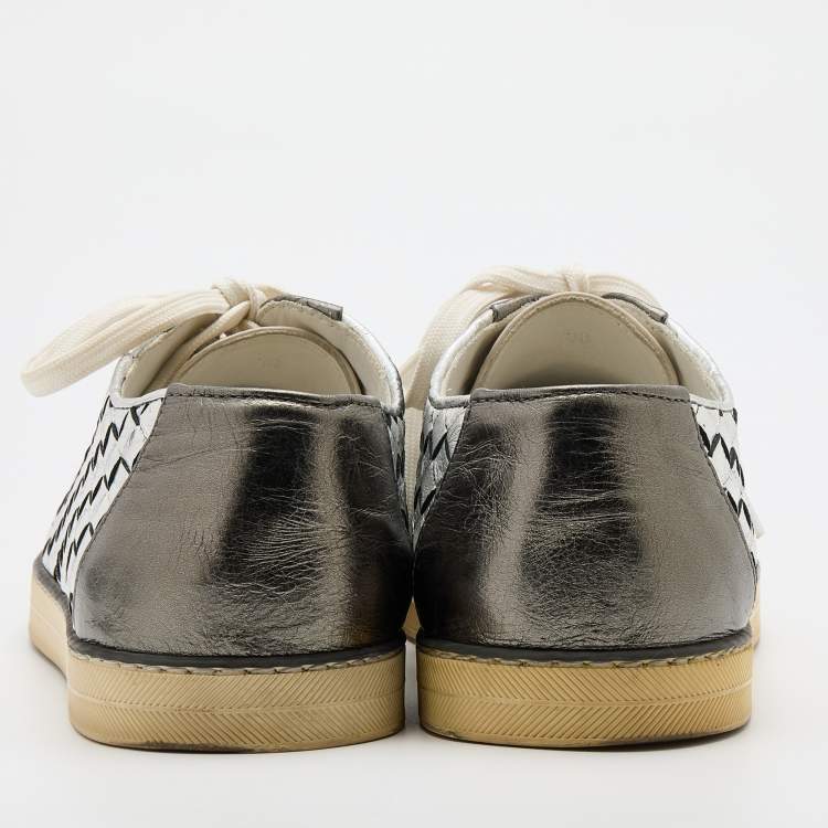 Pre Owned Bottega Veneta Multicolor Intrecciato Leather And Suede Cap Toe Low Top Sneakers Size 38