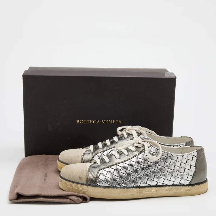 Pre Owned Bottega Veneta Multicolor Intrecciato Leather And Suede Cap Toe Low Top Sneakers Size 38