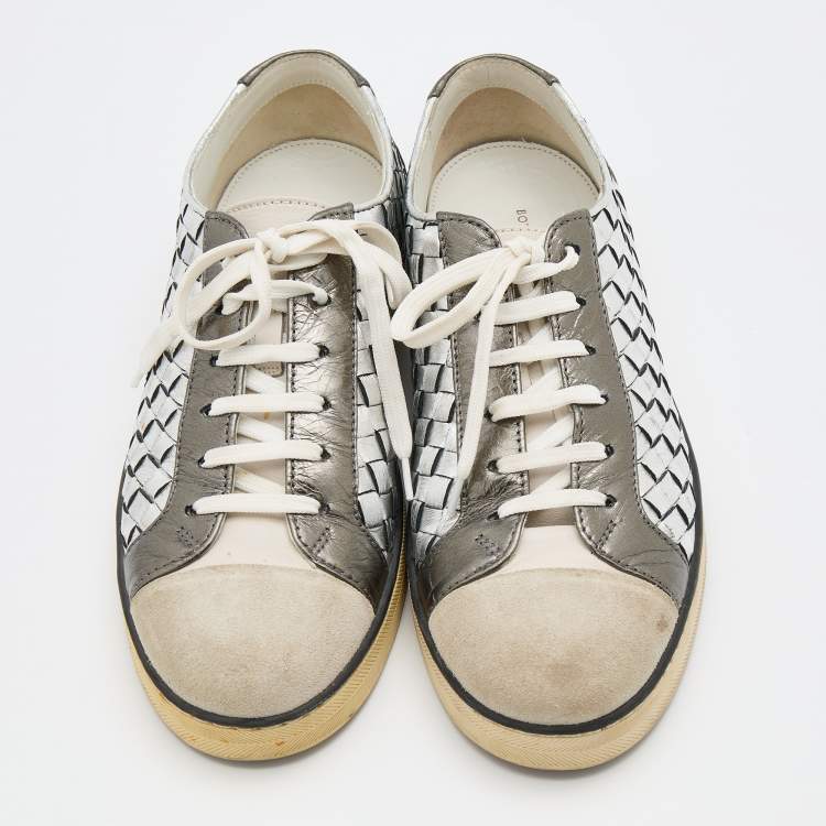 Pre Owned Bottega Veneta Multicolor Intrecciato Leather And Suede Cap Toe Low Top Sneakers Size 38