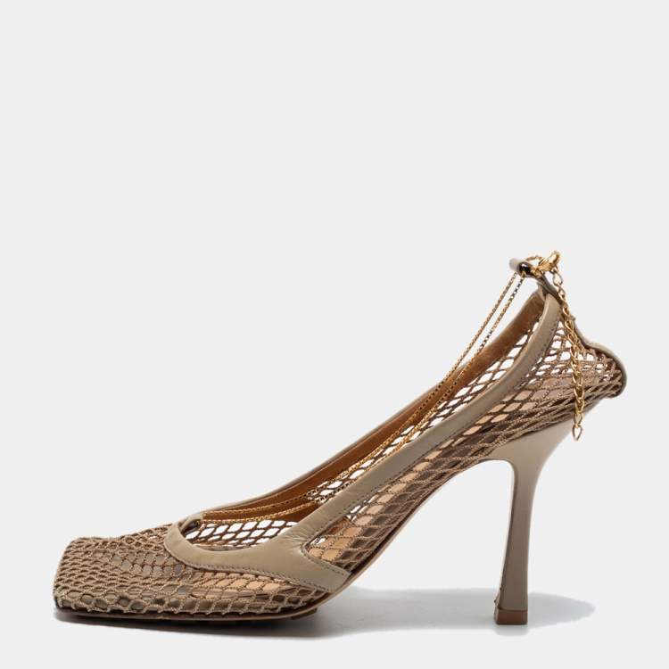 Pre Owned Bottega Veneta Beige Mesh and Leather Stretch Slingback Pumps Size 37