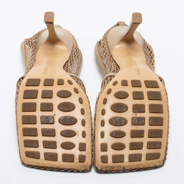 Pre Owned Bottega Veneta Beige Mesh and Leather Stretch Slingback Pumps Size 37