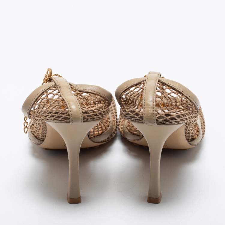 Pre Owned Bottega Veneta Beige Mesh and Leather Stretch Slingback Pumps Size 37