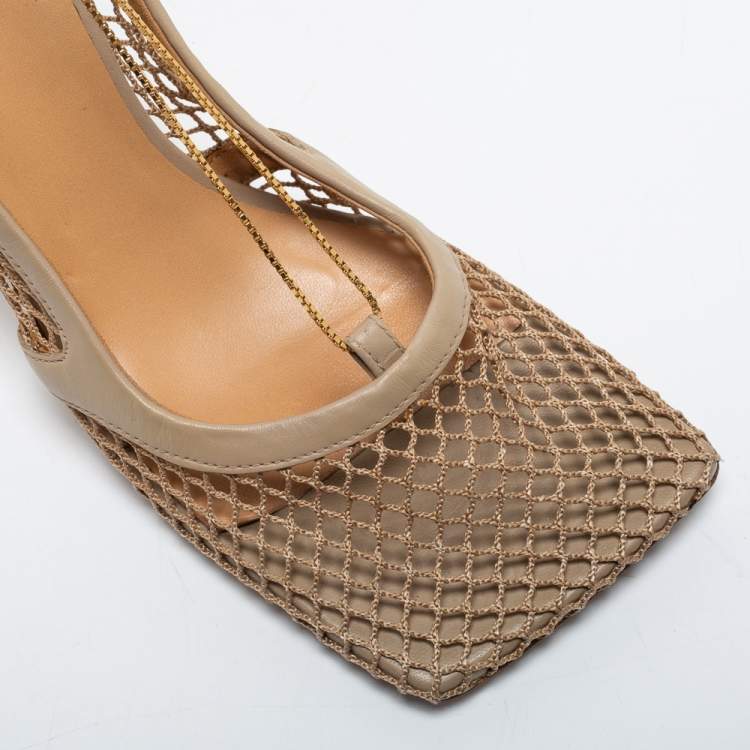 Pre Owned Bottega Veneta Beige Mesh and Leather Stretch Slingback Pumps Size 37