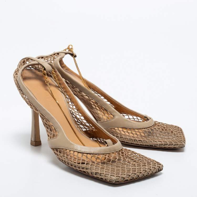 Pre Owned Bottega Veneta Beige Mesh and Leather Stretch Slingback Pumps Size 37