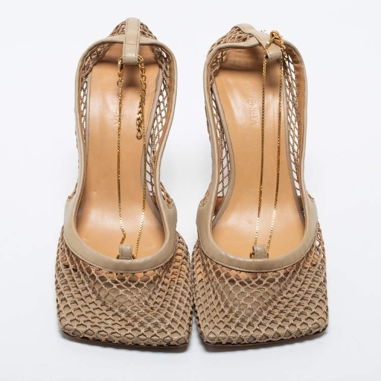 Pre Owned Bottega Veneta Beige Mesh and Leather Stretch Slingback Pumps Size 37