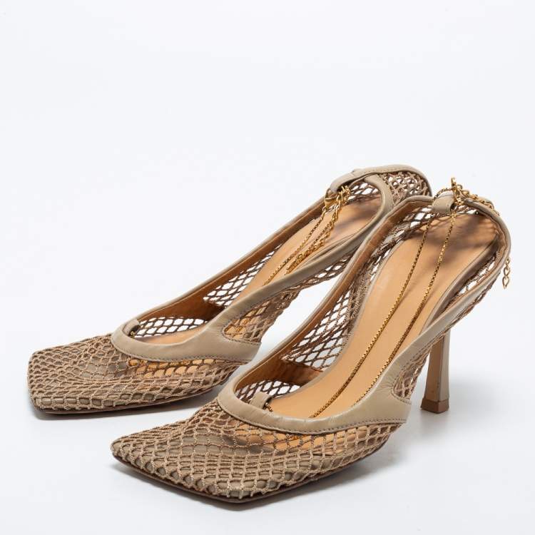 Pre Owned Bottega Veneta Beige Mesh and Leather Stretch Slingback Pumps Size 37