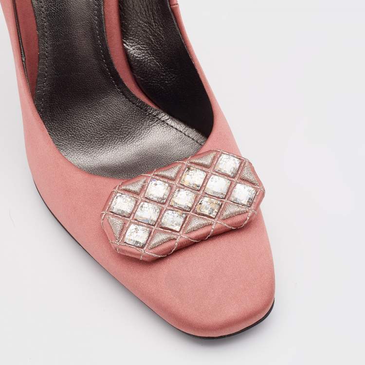 Pre Owned Bottega Veneta Coral Pink Satin Crystal Embellished Pumps Size 38