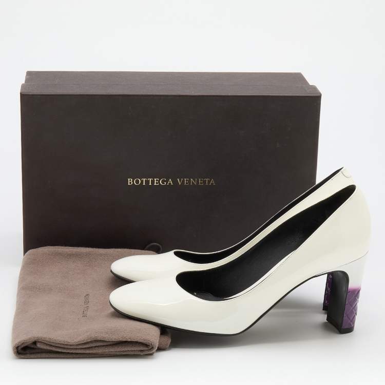 Pre Owned Bottega Veneta White/Purple Patent Leather Intrecciato Detail Block Heel Pumps Size 37