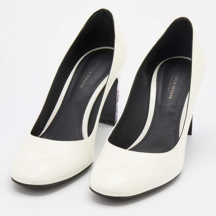 Pre Owned Bottega Veneta White/Purple Patent Leather Intrecciato Detail Block Heel Pumps Size 37
