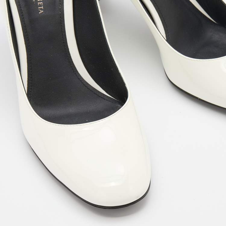 Pre Owned Bottega Veneta White/Purple Patent Leather Intrecciato Detail Block Heel Pumps Size 37