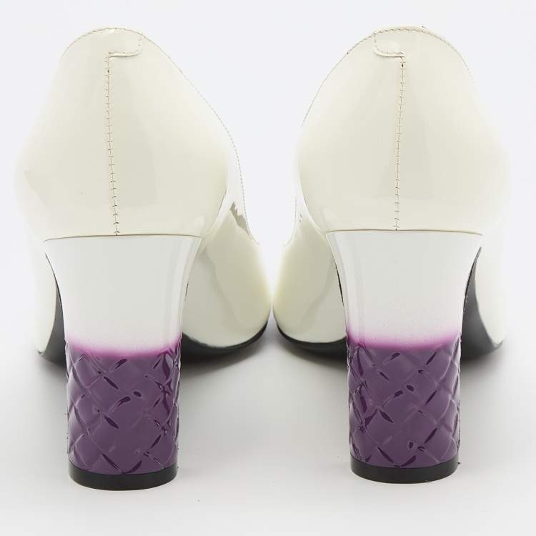 Pre Owned Bottega Veneta White/Purple Patent Leather Intrecciato Detail Block Heel Pumps Size 37