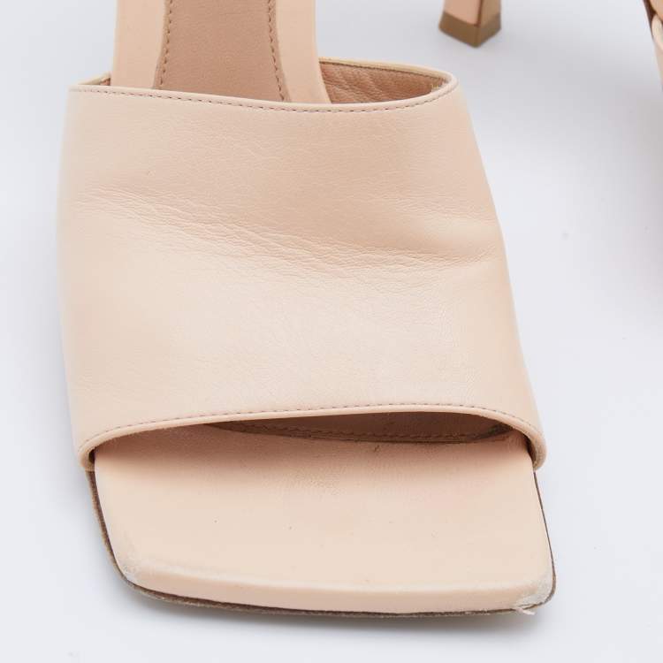Pre Owned Bottega Veneta Light Peach Leather Stretch Square Toe Slide Sandals Size 38