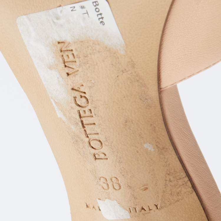 Pre Owned Bottega Veneta Light Peach Leather Stretch Square Toe Slide Sandals Size 38