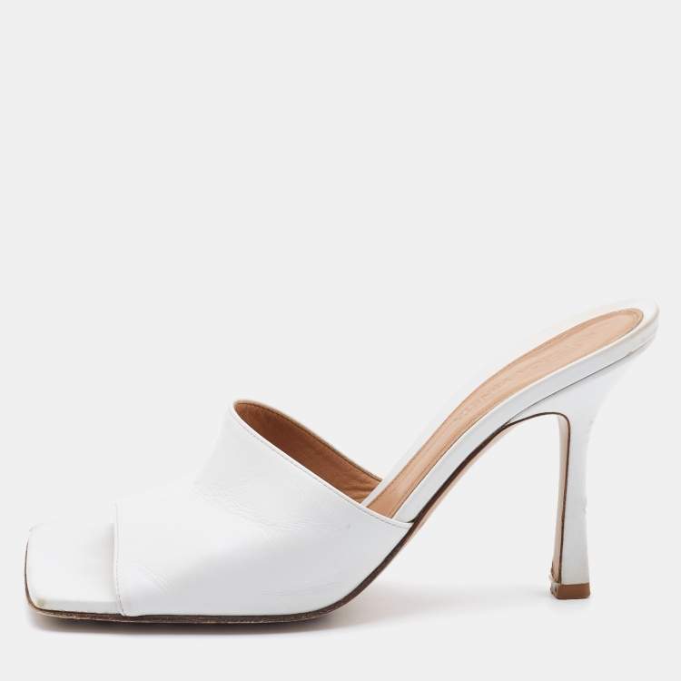 Bottega Veneta White Leather Stretch Square Toe Slide Sandals Size 38 ...